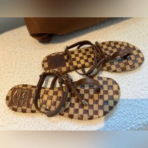 Tory Burch Brown & Gold Leather Ankle Strap Sandals